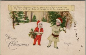Christmas Children Getting the Tree for Santa to See Lyman Powell Postcard W15