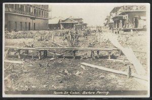 View of Tenth Street in Colon, Panama, Before Paving, Early Real Photo Postcard