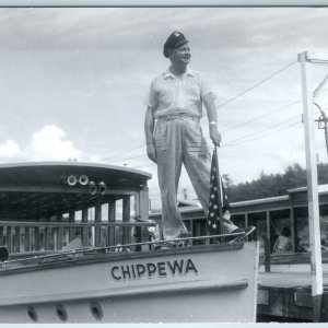 c1950s Wisconsin Dells, Wis SHARP RPPC Amphibian Ducks Chippewa Captain Man A197