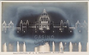 Victoria BC Parliament Buildings Illumination Casino Trio RPPC Postcard G86
