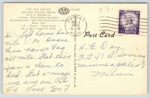 Eureka Kansas~Tip-Top Motel~Roadside US Highway 54~1958 Linen Postcard 