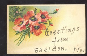 GREETINGS FROM SHELDON MISSOURI VINTAGE POSTCARD LOTSPIECH BOONVILLE MO.