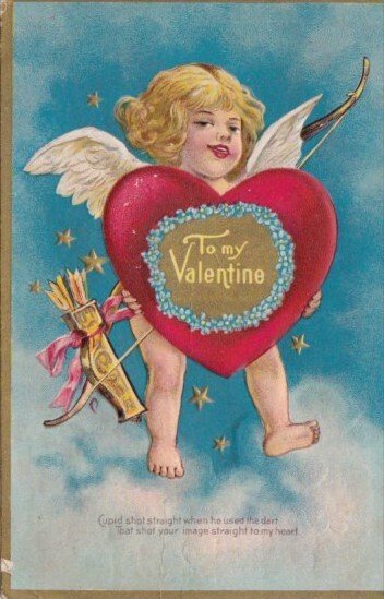 Valentine's Day Cupid Holding Red Heart 1909
