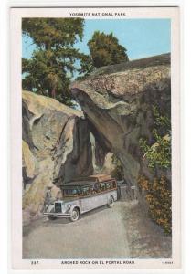 Tour Bus Arched Rock El Portal Road Yosemite National Park California postcard