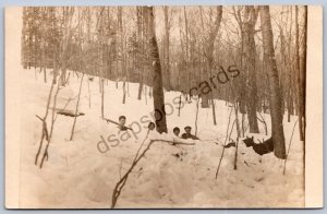 K50/ Clemons New York RPPC Postcard c1910 Men Hiding Snow Logging 108