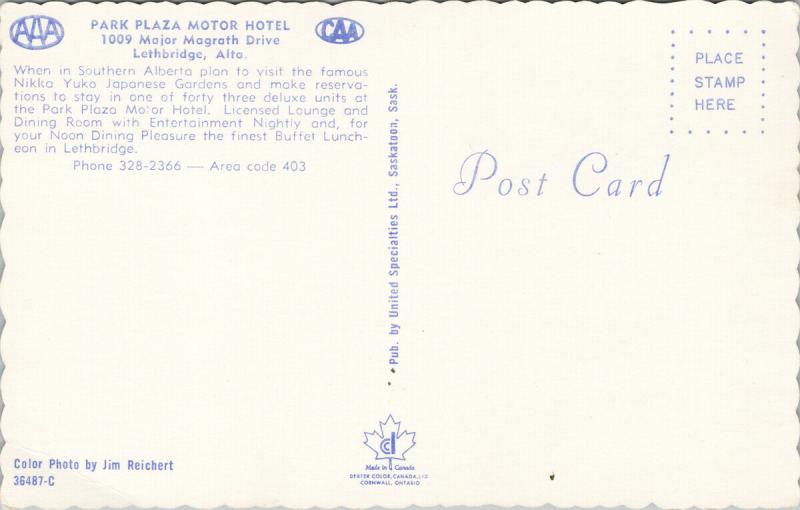 Park Plaza Motor Hotel Lethbridge Alberta AB Vintage Postcard D78 *As Is