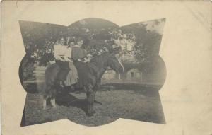 c1910 Masked Vignette Real Photo Postcard; 3 Women Astride a Very Patient Horse