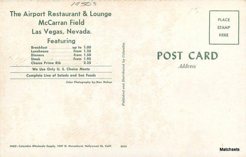 1950s Airport Restaurant Lounge McCarran Field LAS VEGAS NV postcard 9987