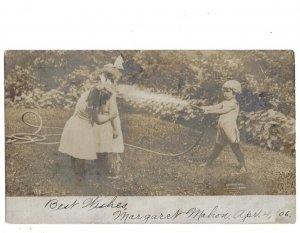 c1906 Kids Spraying Hose Republic Belting Co Cleveland Ohio Advertising Postcard