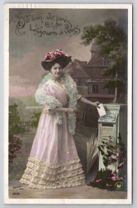 RPPC Edwardian Woman Ruffled Dress Blue Boa Floral Hat Mails Letter Postcard S21