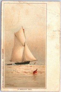 VINTAGE POSTCARD A BREEZY DAY SAIL BOAT & BUOY PRINTED IN GERMANY MAILED 1908