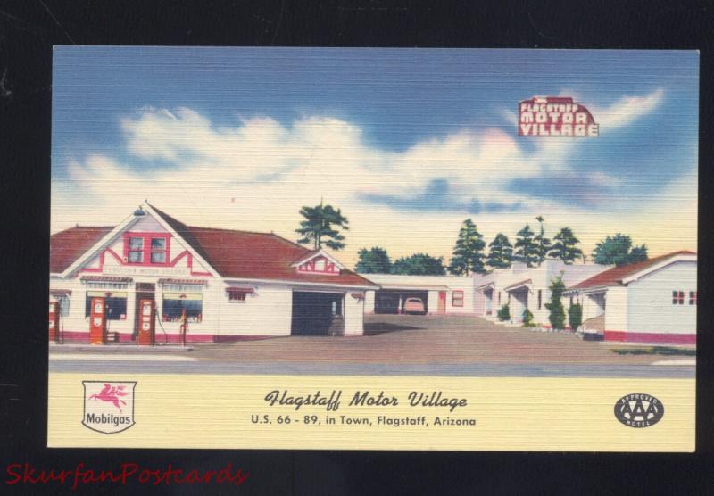 FLAGSTAFF ARIZONA ROUTE 66 MOTOR VILLAGE GAS STATION LINEN ADVERTISING POSTCARD