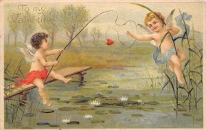 Valentine's Day To My Valentine, Cupids Fishing, Embossed, Vintage PC U8924