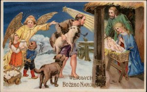 Polish Christmas Shepherd Angel Dog Sheep Children Baby Jesus c1910 Gel PC