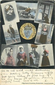 Greetings from Netherlands Dutch folk types multi views vintage postcard 