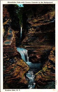 USA Minnehaha Falls With Cavern Cascade Watkins Glen New York NY Postcard C005