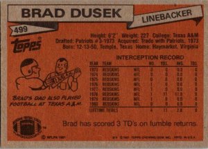 1981 Topps Football Card Brad Dusek Washington Redskins sk60444