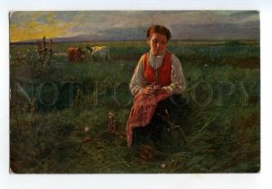 491132 PIOTROWSKI Zadumana POLAND Village Girl Field Dream COW SALON 1912 year