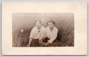 RPPC Two Lovely Edwardian Women Holding Hands In Tall Grasses Postcard T24