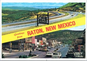 Postcard NM Greetings from Raton, New Mexico - Raton Pass and Downtown Raton