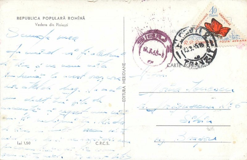 Postcard Eastern Europe Romania 1965 Ploiesti butterfly triangle stamp