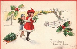 Vintage Postcard 1915 Christmas Cheer Be Thine Santa Claus Costume Little Girls