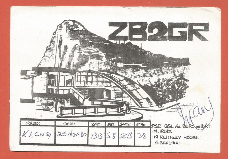 QSL AMATEUR RADIO CARD – GIBRALTAR – 1980 – BLOCK PRINT