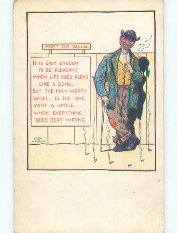 Unused Pre-Linen comic HOBO STANDING AGAINST FENCE - POST NO BILLS k7119