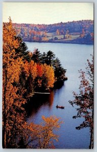 Fall Colours, Boating In A Cozy Cove On A Canadian Lake, Vintage Chrome Postcard