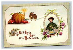 Vintage 1911 Winsch Back Halloween Mom Baking Pie Pumpkin Owls German