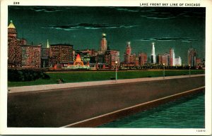 Vtg Postcard 1930s Chicago Illinois IL Lake Front Skyline Night Scene Unused UNP