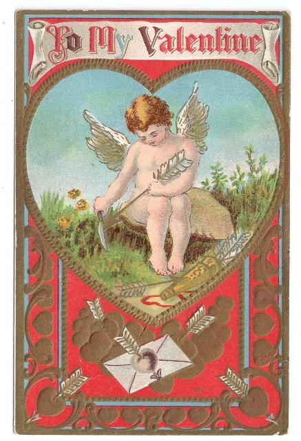 Cupid Sharpening Arrow Gold Gilt Embossed Hearts Vintage Valentine Postcard
