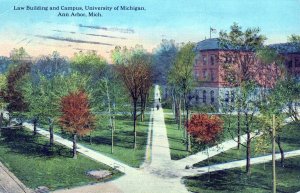 VINTAGE POSTCARD LAW BUILDING AND CAMOUS UNIVERSITY OF MICHIGAN ANN ARBOR 1910