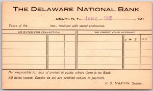 1910 The Delaware National Bank Delhi New York NY Posted Postcard