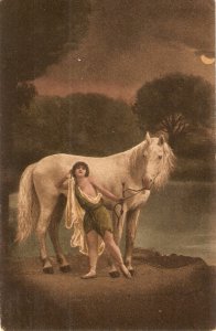 Wild lady with her horse Old vintage antique postcard