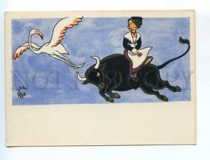 251852 Jean Effel caricature Provence bull and flamingos old russian postcard