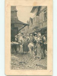foreign c1910 Shopping FRENCH WOMAN CARRYING ANTIQUE HATBOX THRU STREET AC2416
