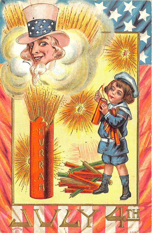 Patriotic July Fourth Uncle Sam Girl Hurrah Fire Crackers Embossed Postcard 22