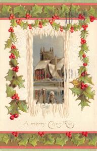 Merry Christmas c1910 Embossed Germany Postcard Holly Church Icicles