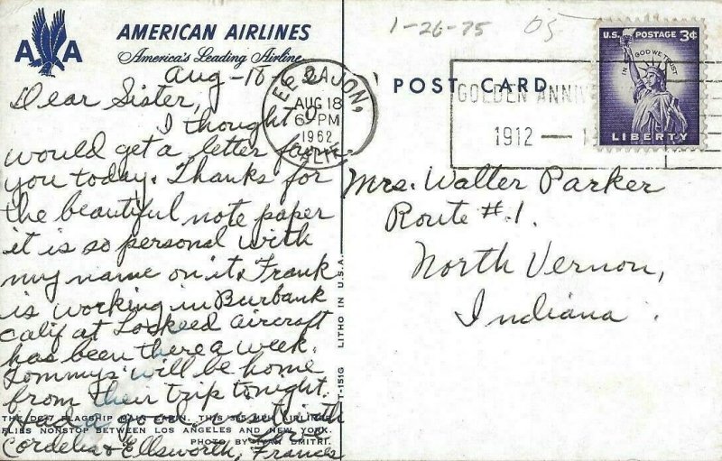 Postcard: American Airlines Between Los Angeles And New York Mercury Posted 1962