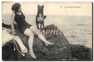 Postcard Old Dog Dogs Pretty Woman bather