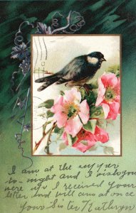 Vintage Postcard 1906 Little Bird and Beautiful Pink Flowers Greetings Card