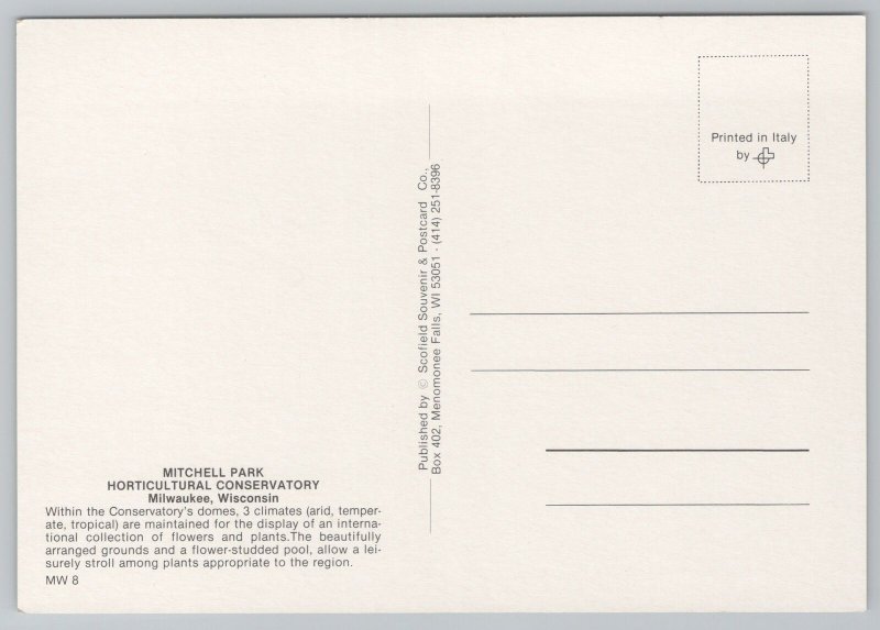 Flowers~Milwaukee Wisconsin~Mitchell Park Conservatory~Continental Postcard