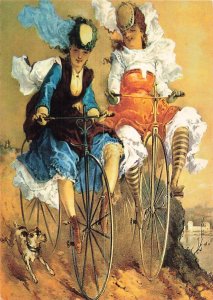 NOS CYCLISTES.-WOMEN RACING ON HIGH WHEEL BICYCLE ARTWORK REPRODUCTION POSTCARD