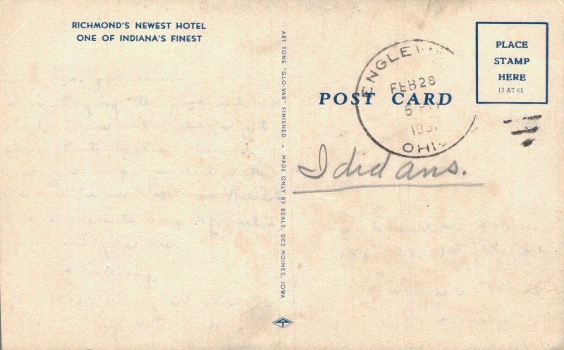 USA One of Indiana's Finest Leland Hotel Richmond Indiana Linen Postcard 07.35