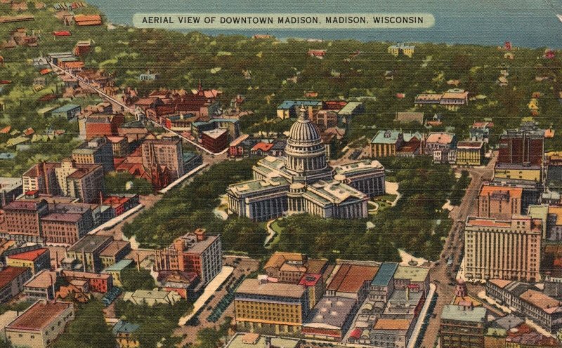 Vintage Postcard 1942 Aerial View Of Downtown Madison Wisconsin Tichnor Quality