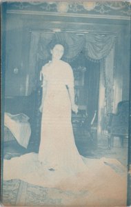 Beautiful Edwardian Woman Long Train Dress in Parlor Cyanotype Postcard A21