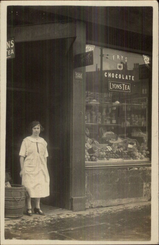 Woman Storefront Drys Dry's Chocolate & Lyons Tea Store Real Photo Postcard