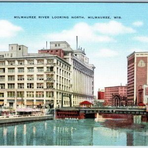 c1940s Milwaukee, Wis. River Scene look North Bridge Cars Bank Office Bldgs A228
