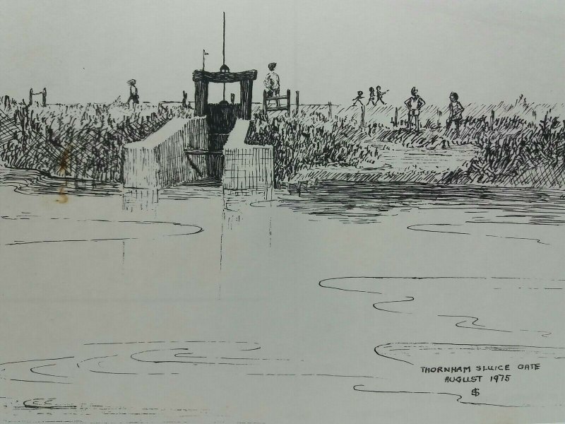 Thornham Sluice Gate Norfolk August 1975 Vintage Sketch Art Drawing Postcard